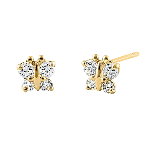 Solid 14K Yellow Gold Dainty Butterfly Clear CZ Earrings