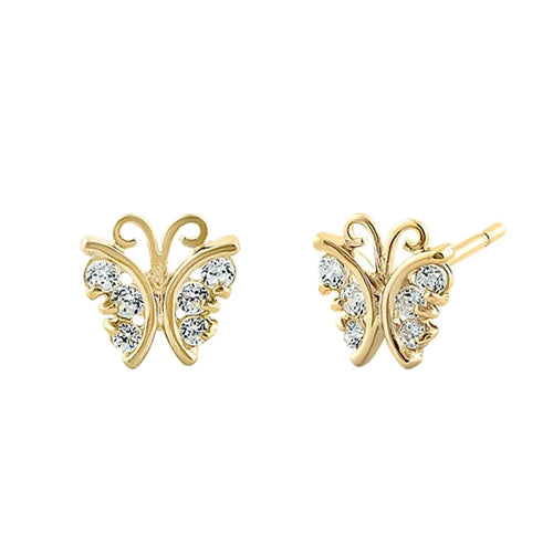 Solid 14K Yellow Gold Butterfly Clear CZ Earrings