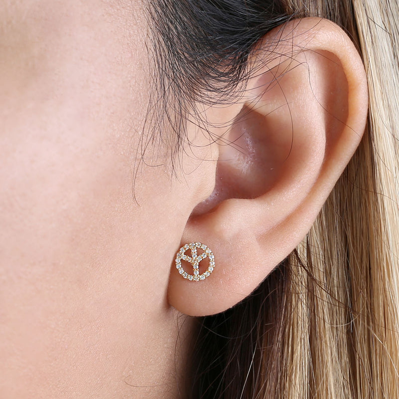 Solid 14K Yellow Gold Peace Clear CZ Earrings