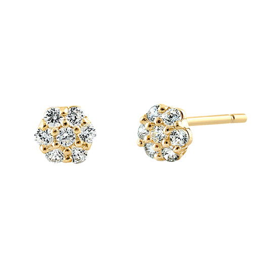 Solid 14K Yellow Gold Flower Cluster Clear CZ Earrings