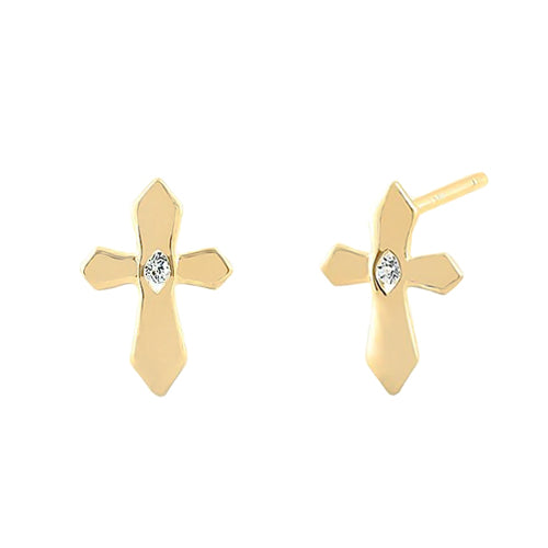 Solid 14K Yellow Gold Cross Clear CZ Earrings
