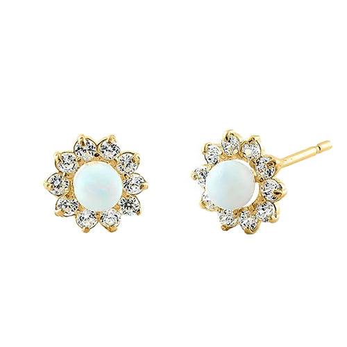 Solid 14K Yellow Gold Round White Lab Opal & Clear CZ Earrings