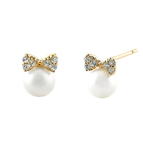 Solid 14K Yellow Gold Bow & Pearl Clear CZ Earrings
