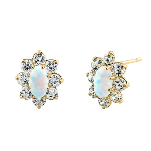 Solid 14K Yellow Gold Oval White Lab Opal & Clear CZ Earrings