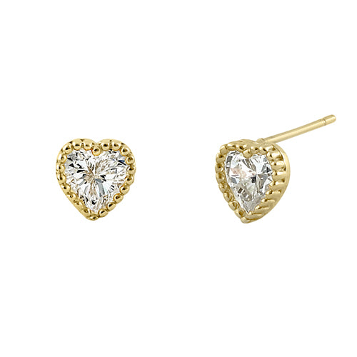 .88 ct Solid 14K Yellow Gold Clear CZ Beaded Heart Stud Earrings