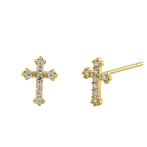 Solid 14K Yellow Gold Clear CZ Cross Stud Earrings