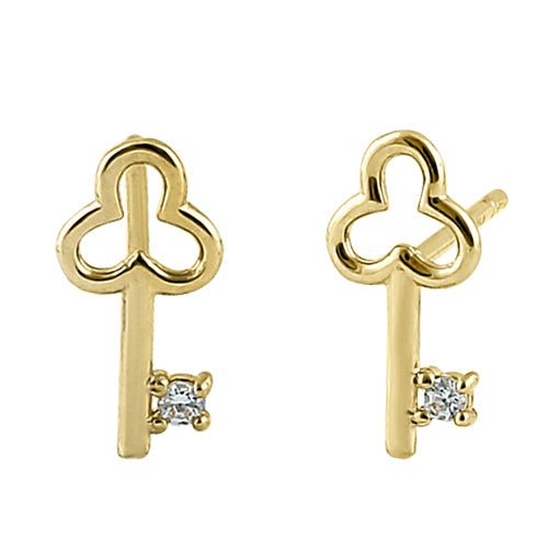 Solid 14K Yellow Gold Clover Key Clear CZ Stud Earrings