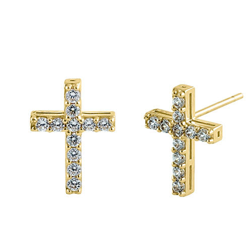 Solid 14K Yellow Gold Cross CZ Earrings