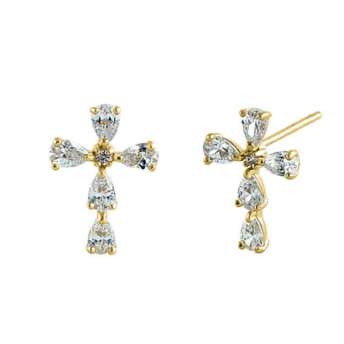 Solid 14K Yellow Gold Drop CZ Cross Earrings