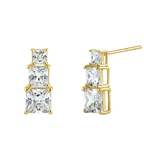 Solid 14K Yellow Gold Triple Princess CZ Earrings