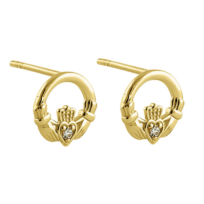 Solid 14K Yellow Gold Claddagh CZ Earrings