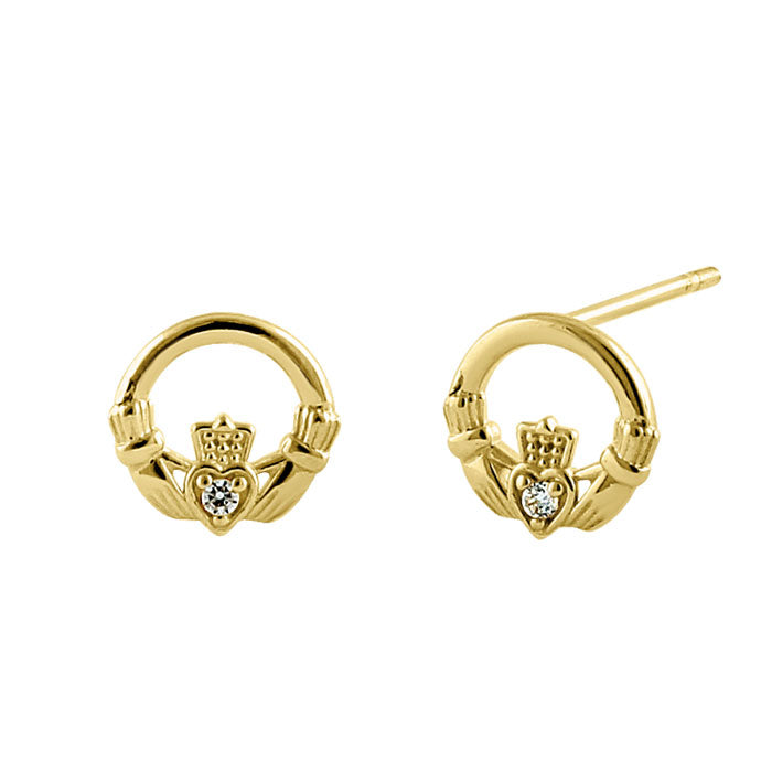 Solid 14K Yellow Gold Claddagh CZ Earrings