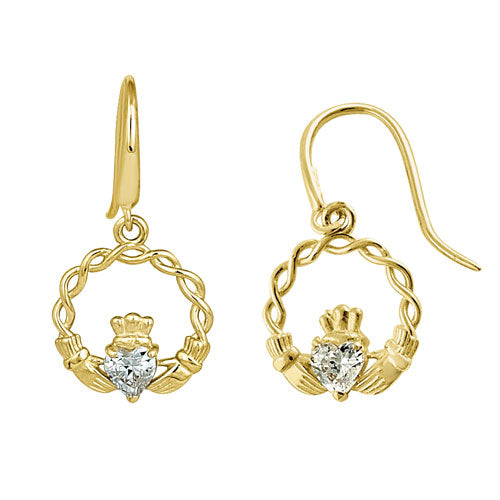 Solid 14K Yellow Gold Claddagh CZ Hook Earrings