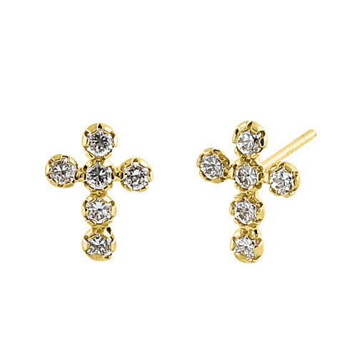 Solid 14K Yellow Gold Round Cross CZ Earrings