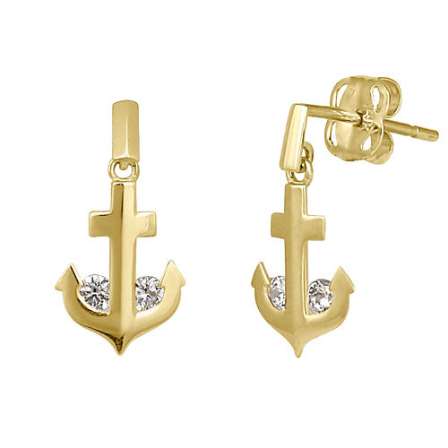 Solid 14K Yellow Gold Dangle Anchor CZ Earrings