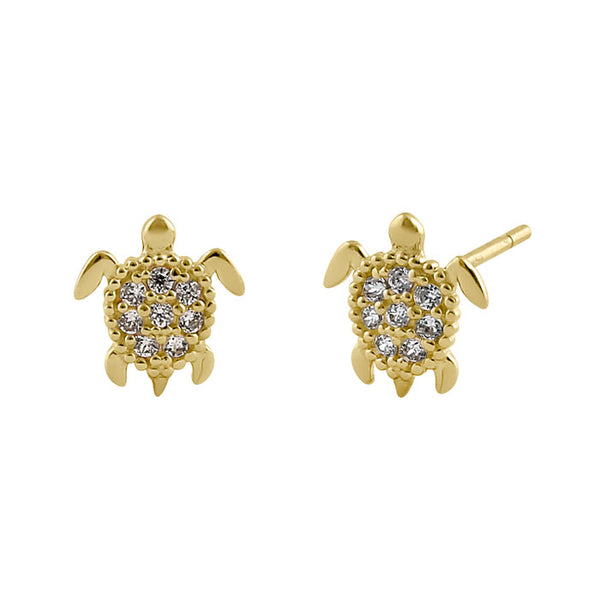 Solid 14K Yellow Gold Sea Turtle CZ Earrings