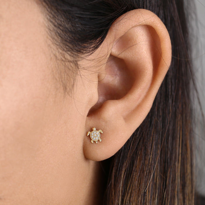 Solid 14K Yellow Gold Sea Turtle CZ Earrings