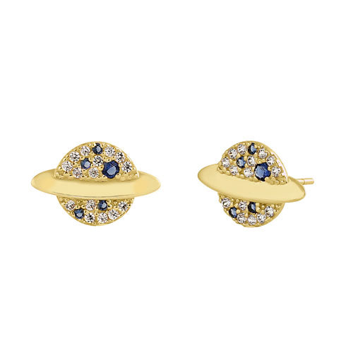 Solid 14K Yellow Gold Planet CZ Earrings