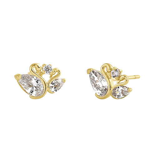 Solid 14K Yellow Gold Swan CZ Earrings