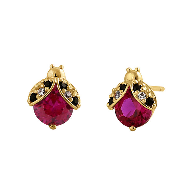 Solid 14K Yellow Gold Ladybug Ruby CZ Earrings