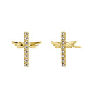 Solid 14K Yellow Gold Winged Cross CZ Earrings