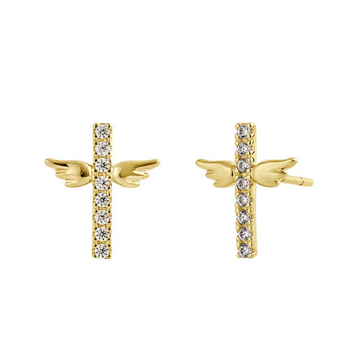 Solid 14K Yellow Gold Winged Cross CZ Earrings