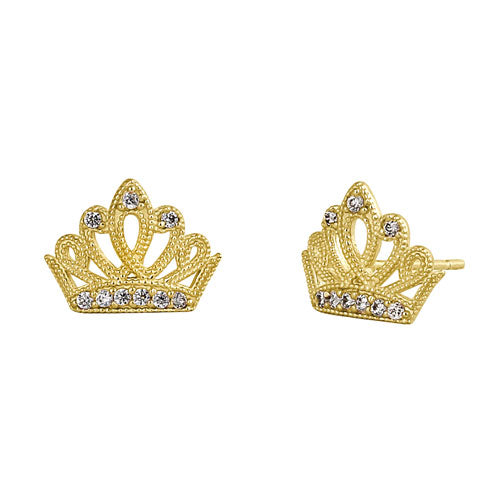 Solid 14K Yellow Gold Crown CZ Earrings
