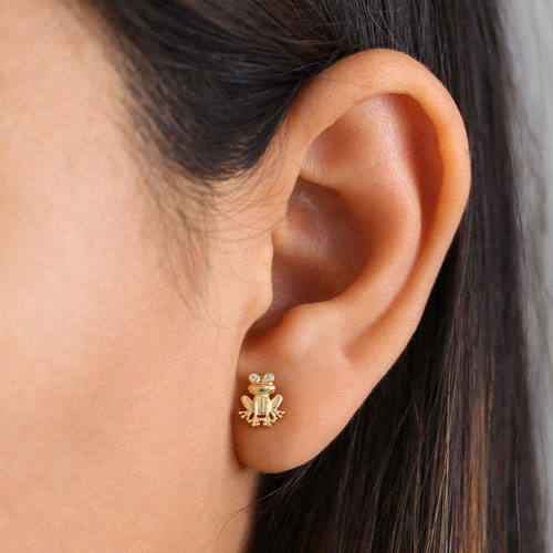 Solid 14K Yellow Gold Frog CZ Earrings
