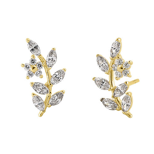 Solid 14K Yellow Gold Trendy Leaf CZ Earrings