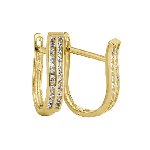 Solid 14K Yellow Gold 3mm x 15.5mm Double Striped Clear CZ Hoop Earrings