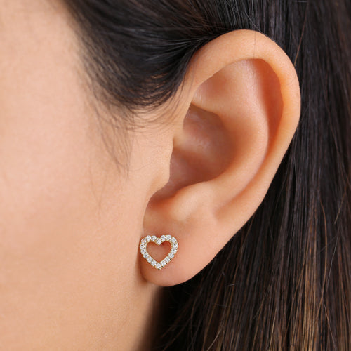 Solid 14K Yellow Gold Heart Clear Round CZ Earrings