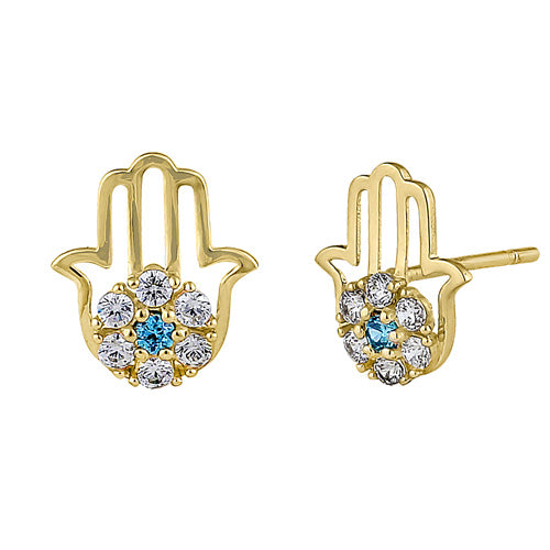 Solid 14K Yellow Gold Hamsa Blue Topaz & Clear Round CZ Earrings