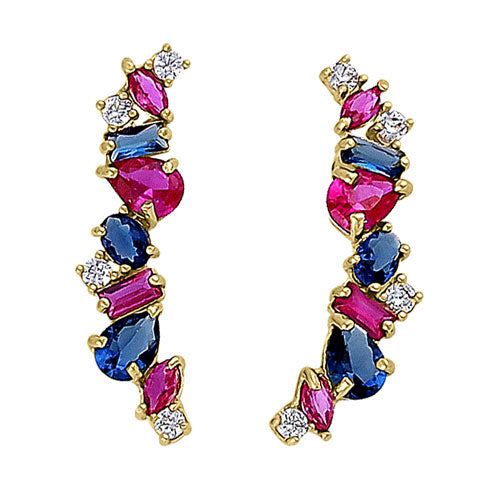 Solid 14K Yellow Gold Stone Medley Blue Sapphire, Ruby, & Clear CZ Earrings