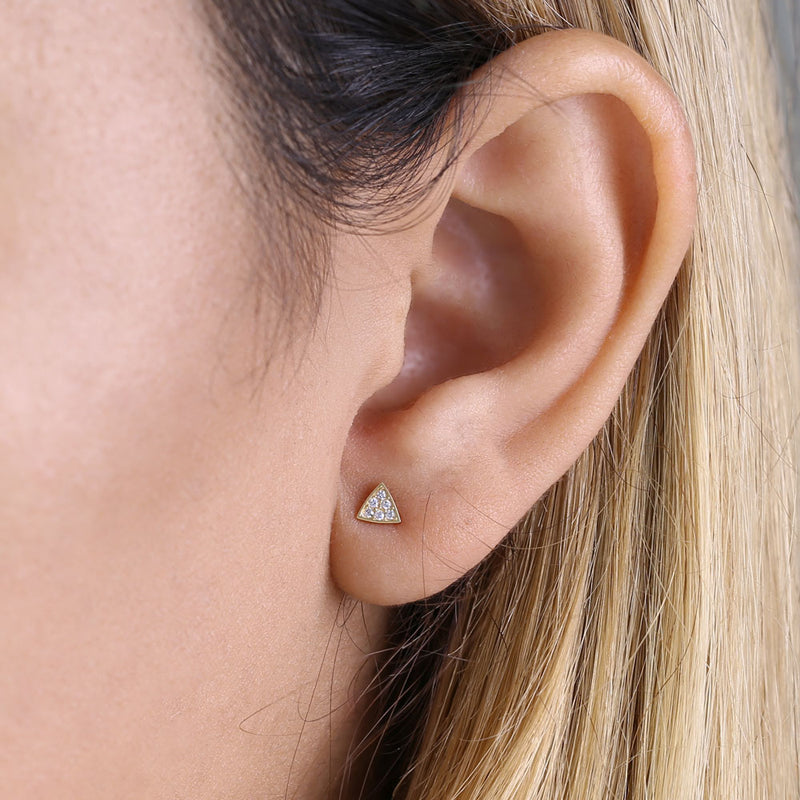 Solid 14K Yellow Gold Triangle Clear Round CZ Earrrings