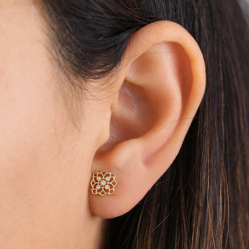 Solid 14K Yellow Gold Woven Web Clear Round CZ Earrings