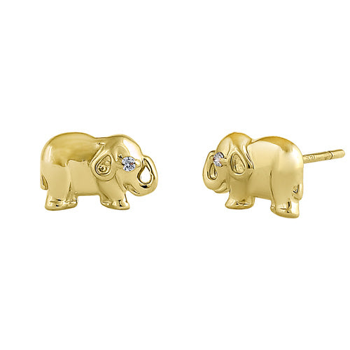 Solid 14K Yellow Gold Wild Elephant Clear Round CZ Earrings