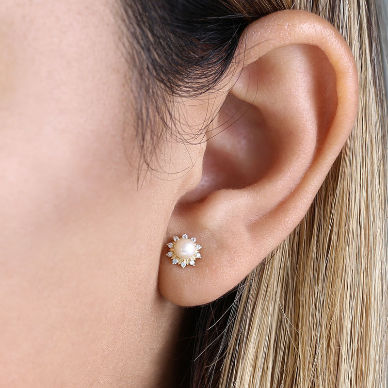 Solid 14K Gold Sun Flower Pearl and CZ Earrings