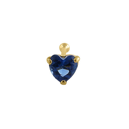 Solid 14K Yellow Gold Blue Sapphire Heart CZ Straight Nose Stud