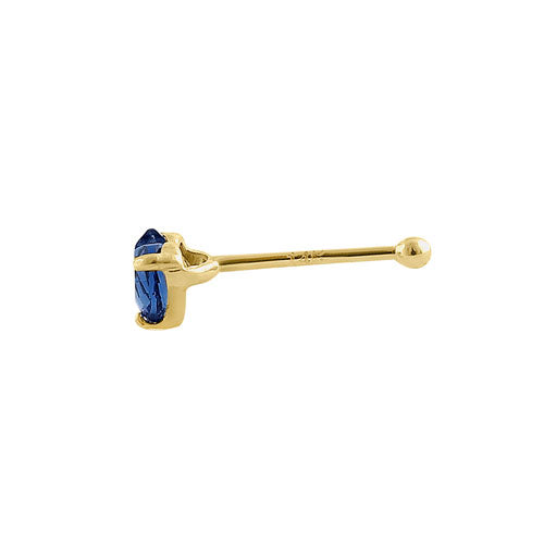 Solid 14K Yellow Gold Blue Sapphire Heart CZ Straight Nose Stud