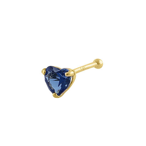 Solid 14K Yellow Gold Blue Sapphire Heart CZ Straight Nose Stud