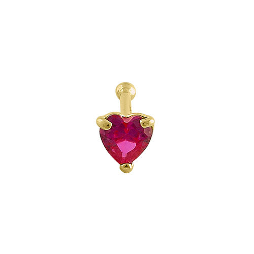 Solid 14K Yellow Gold Ruby Heart CZ Straight Nose Stud