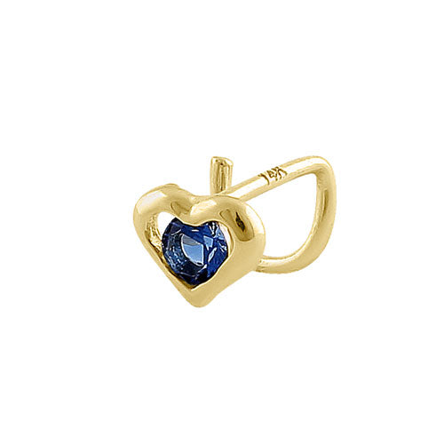 Solid 14K Yellow Gold Heart Blue Sapphire CZ Hook Nose Stud