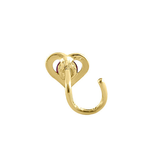 Solid 14K Yellow Gold Heart Ruby CZ Hook Nose Stud