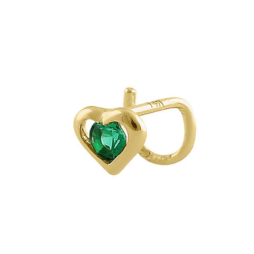 Solid 14K Yellow Gold Heart Green CZ Hook Nose Stud
