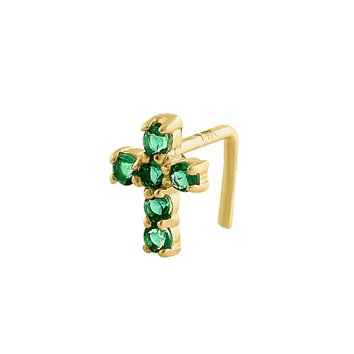 Solid 14K Yellow Gold Cross Green CZ Nose Stud