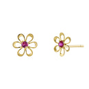 .06 ct Solid 14K Yellow Gold Retro Flower Ruby CZ Earrings