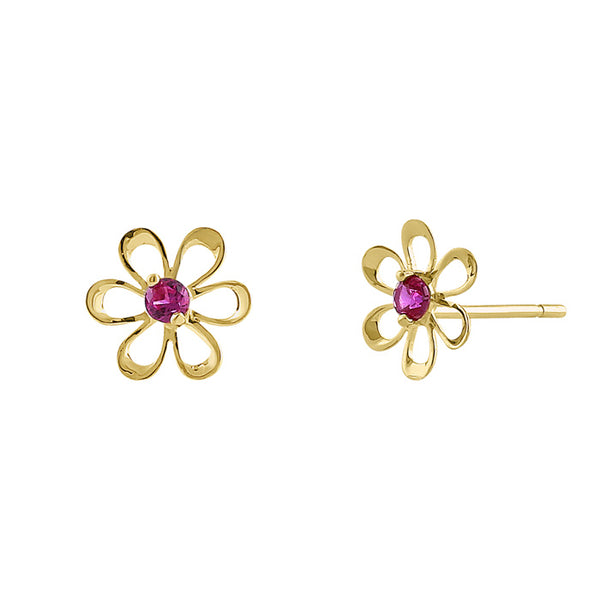 .06 ct Solid 14K Yellow Gold Retro Flower Ruby CZ Earrings