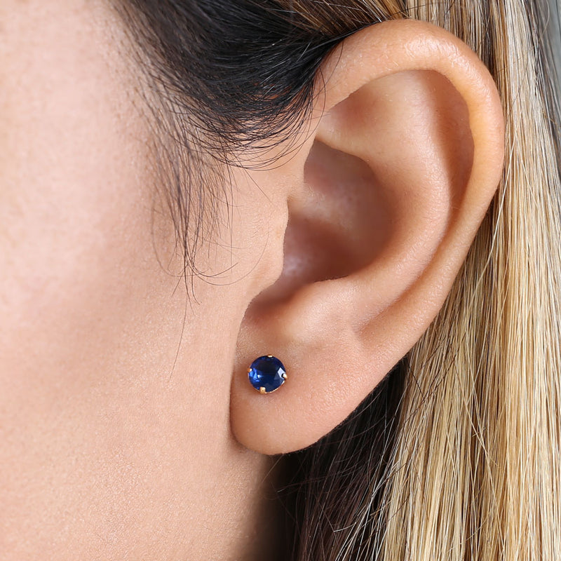 .92 ct Solid 14K Yellow Gold 5mm Round Cut Blue Sapphire CZ Earrings