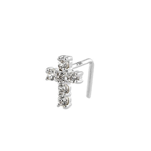 Solid 14K White Gold Cross CZ Nose Stud