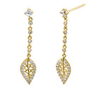 Solid 14K Yellow Gold Leaf CZ Dangle Earrings